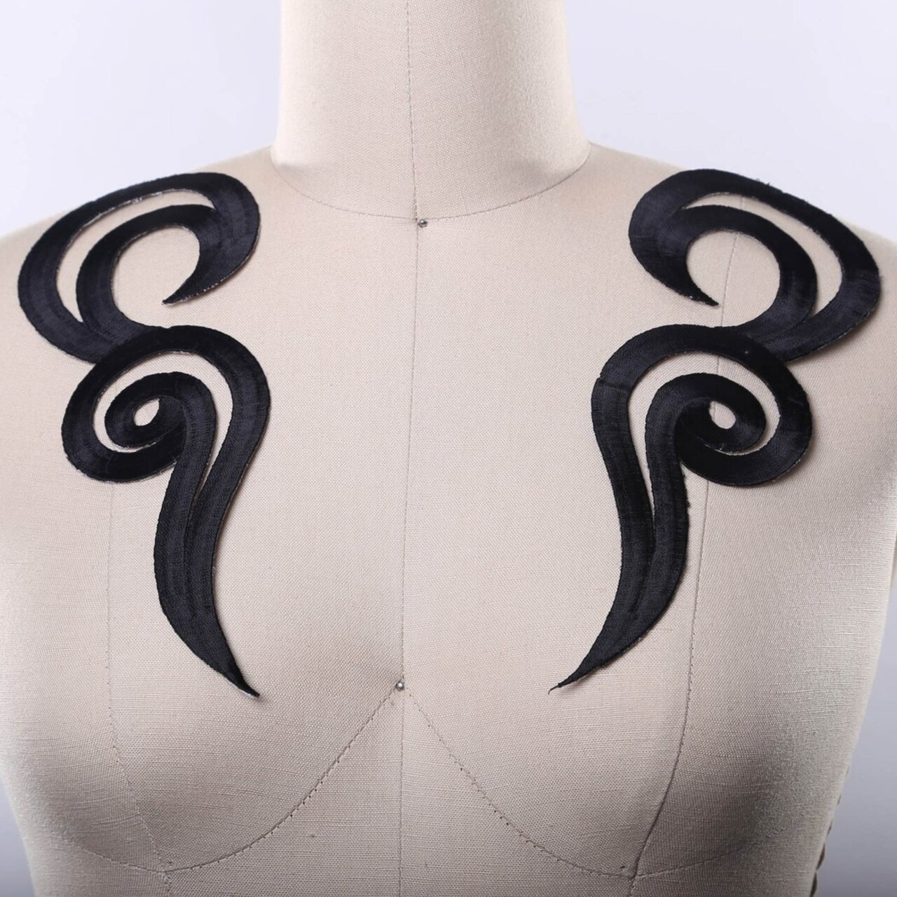 Black Swirl Embroidered Iron On Applique Pair 9"Size for Elegant Costumes and Gowns